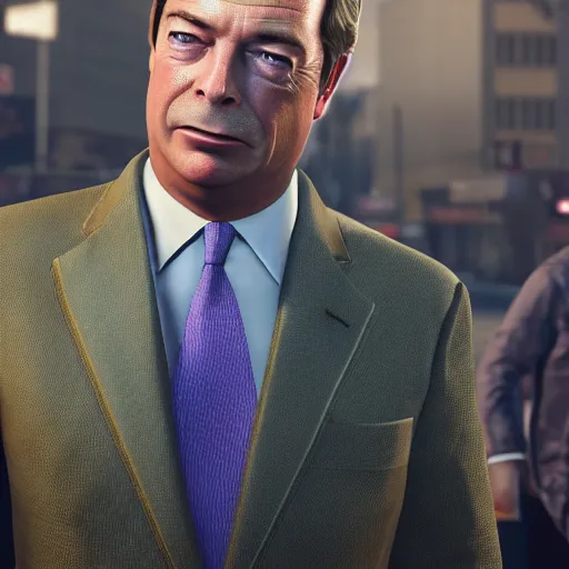 Image similar to nigel farage in gta 5, splash art, movie still, cinematic lighting, dramatic, octane render, long lens, shallow depth of field, bokeh, anamorphic lens flare, 8 k, hyper detailed, 3 5 mm film grain