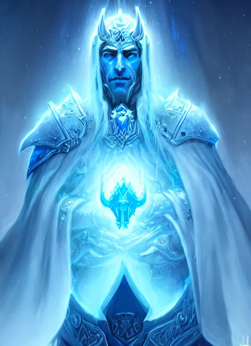 Image similar to portrait of a arthas the lich king, cold, glowing blue spirits, ghosts, intricate, elegant, highly detailed, digital painting, artstation, concept art, smooth, sharp focus, illustration, art by wlop, mars ravelo and greg rutkowski