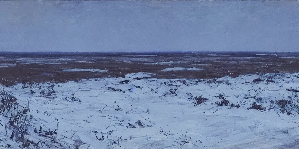 Image similar to a calm WW2 battlefield at night, Eastern Front, stars, wintertime, trenches, snow, wide open steppe, painting by Isaac Levitan