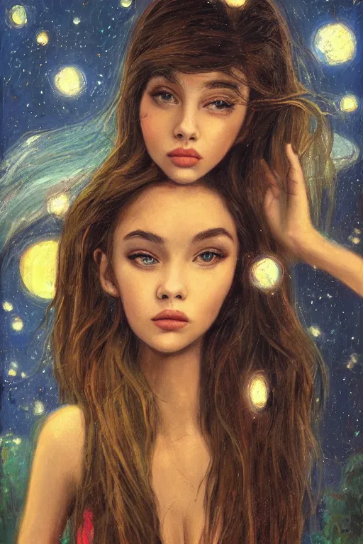 Image similar to madison beer painted by darrell k. sweet and edd cartier, trending on artstation, moon light fish eye illustrator, bokeh, magic realism, dutch golden age, expressionism