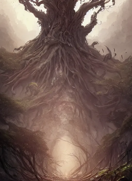 Prompt: tree stretching roots down into the depths of the earth, tree of death, evil tree, unholy art by artgerm and greg rutkowski and magali villeneuve, d & d, fantasy, highly detailed, digital painting, trending on artstation, concept art, sharp focus, illustration
