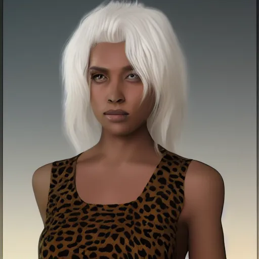 Prompt: A human cheetah hybrid with long lush white hair, concept art, highly detailed, 8k