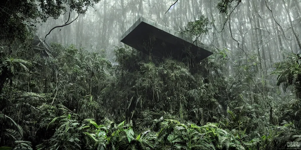 Image similar to astonishingly detailed photograph of a sci-fi research outpost in a thick jungle environment, moist and foggy, mysterious, futuristic architecture, dark sci-fi atmosphere, film grain,