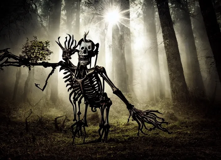 Prompt: an incredibly scary and very very unique monster creature with animal, skeletal and tree characteristics, ancient folk legend in the forest, extremely creative, detailed, gloomy, flash, lens flare, 1 8 mm lens, digital medium format professional photography