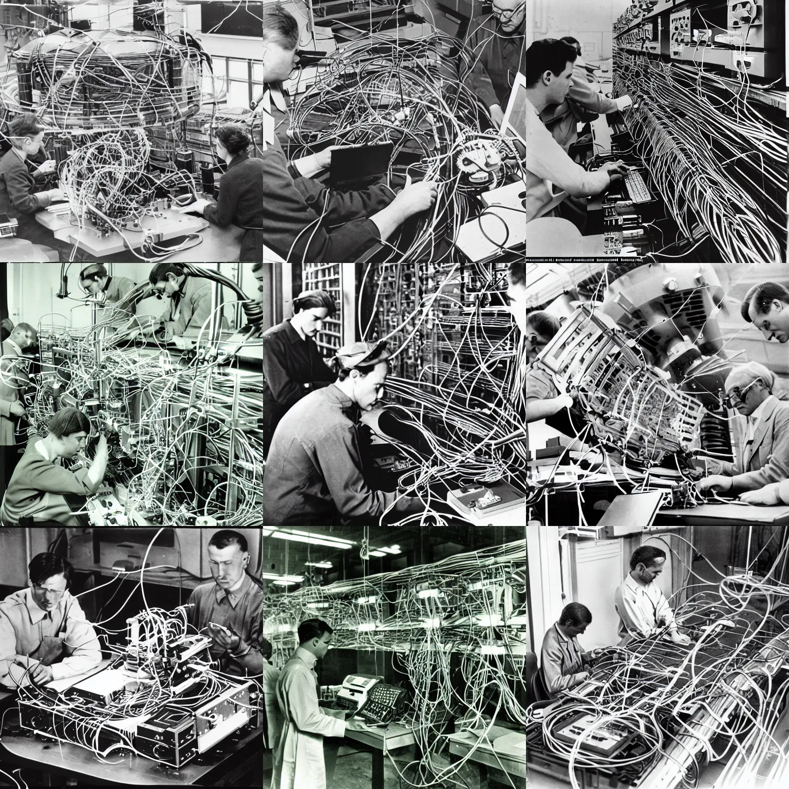 Prompt: color photograph of soviet researchers working in super complex device, metallic, wires, intrincate, nuclear, hyper detailed,