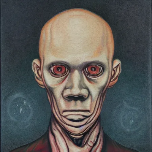 Prompt: an oil painting of an average person in a long dream by Lovecraft and junji into