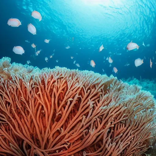 Prompt: an icredibly detailed photo of corals in maldives, the light penetrates the meeting and shines to the bottom of the sea, sharp focus, volumetric lighting, octane