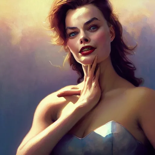 Image similar to margot Robbie as bat girl, painting, by Stanley Artgerm Lau, artstation, greg rutkowski, thomas kindkade, alphonse mucha, loish, norman Rockwell,