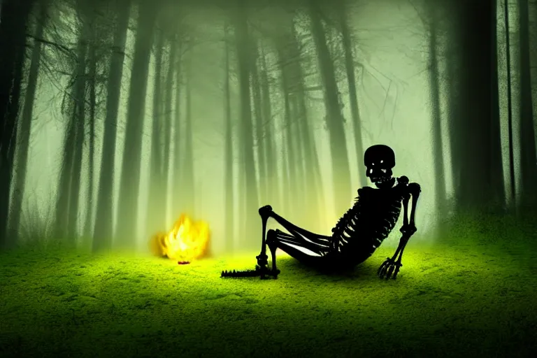 Image similar to a burning with fire human skeleton sitting behind computer, overgrown with moss, in foggy forest, at night with moon light, dark atmosphere, fantasy, digital art