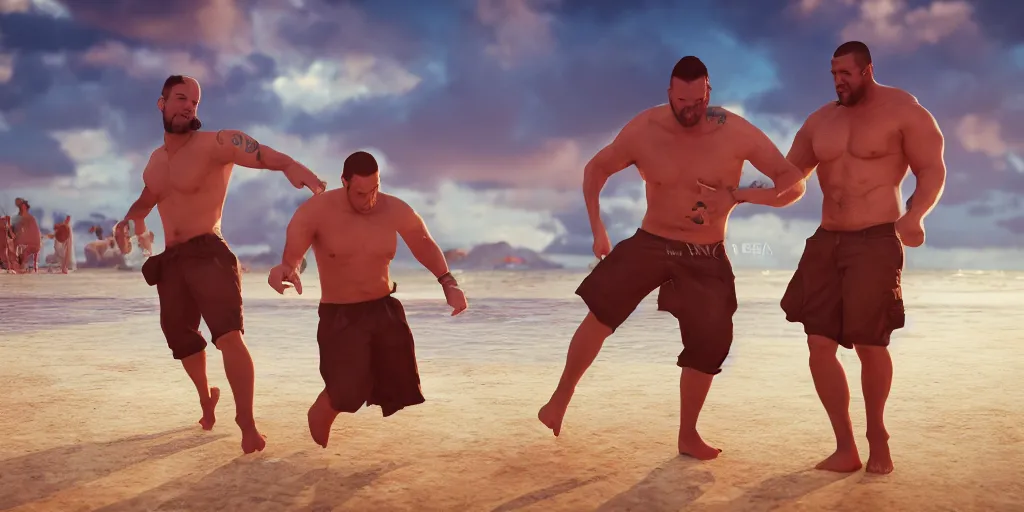 Prompt: 'dos hombres sin camisa llevando shortes bailando en la playa de San Juan, golden hour, photorealistic, extreme detail, octane render, artstation, unreal engine'