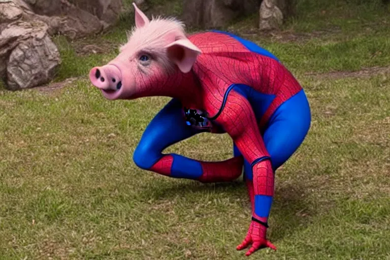 Prompt: full body live action pig wearing spandex spider-man costume, ultra realistic, 4K, movie still, UHD, sharp, cinematic