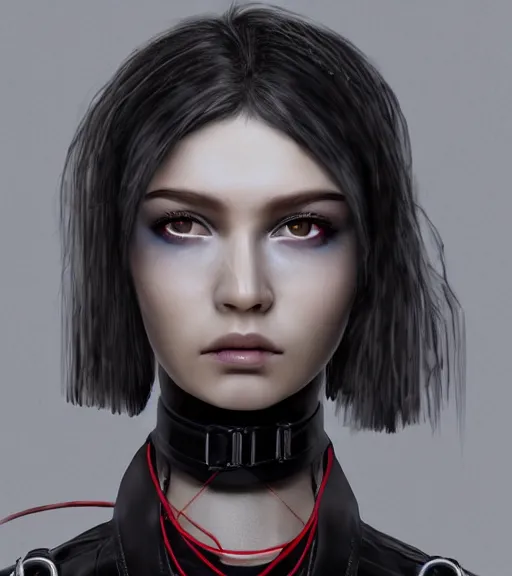 Prompt: detailed ((realistic)) female character cyberpunk wearing thick steel collar around neck, realistic, art, beautiful, 4K, collar, choker, collar around neck, punk, artstation, detailed, female, woman, choker, cyberpunk, neon, punk, collar, choker, collar around neck, thick collar, tight around neck, punk,