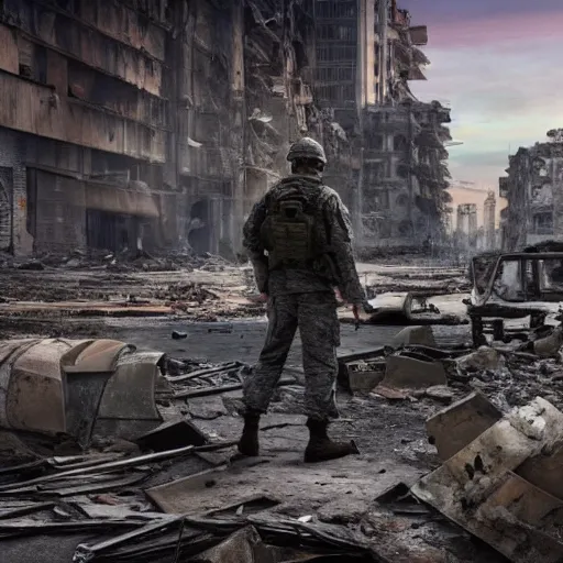 Prompt: a soldier standing in the middle of a post-apocalyptic ruined city with tall destroyed buildings, long shot from back, hyper realistic 4k high quality