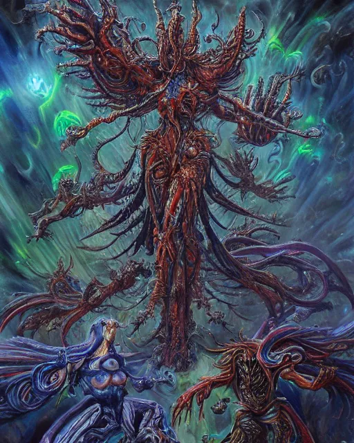 Image similar to silver mechanical charred bloody fleshmetal obliterator cyborg daemonhost woman wearing robes, psychedelic flamer of tzeentch with extra arms gunner, blue and green rainbow fire, by antonio j. manzanedo, alex grey, android jones, wayne barlowe, philippe druillet, josephine wall, eve ventrue, cronenburg, trending on artstation