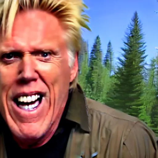 Image similar to gary busey as bigfoot, fullbody, cctv footage