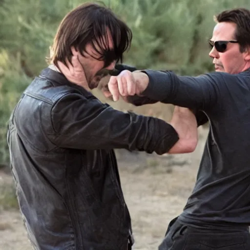 Image similar to movie still of keanu Reeves fighting Jack Bauer