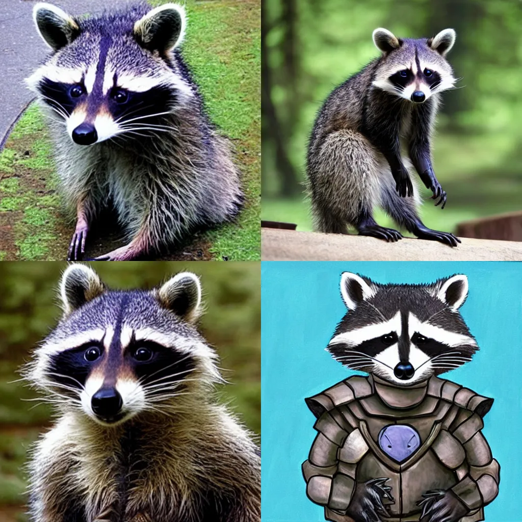 Prompt: a raccoon wearing a suit of armor