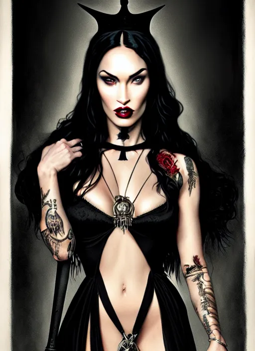 Image similar to megan fox witch queen, black eyes, blood, full body, intricate victorian dress, middle shot, cinematic lighting, symmetrical eyes, caravaggio, artgerm, joshua middleton, rafael albuquerque, moody lighting, candles