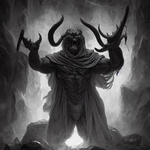 Image similar to full body, grayscale, muscled humanoid balrog demon, horns, claws, large horned tail, heroic pose, flames, fire, tarot, Gustave Dore, Greg Rutkowski,