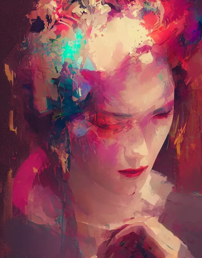 Prompt: portrait of a beautiful geisha, volume lighting, concept art, by greg rutkowski!!, colorful, xray melting colors!!