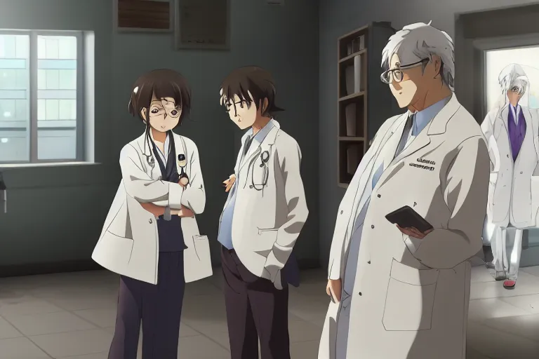 Prompt: a cute young female doctor wearing white coat are talking with an old surgeon in a hospital, slice of life anime, lighting, anime scenery by Makoto shinkai