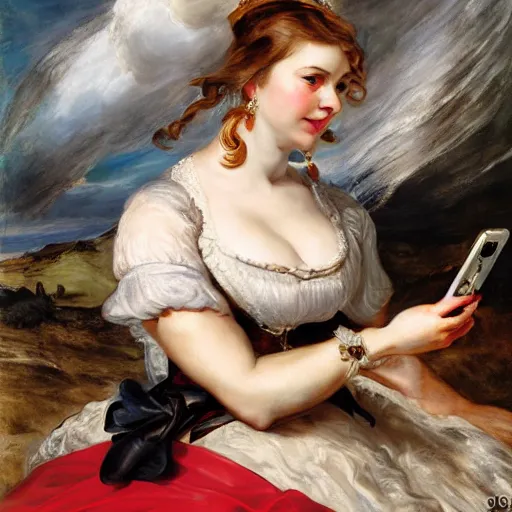 Image similar to heavenly summer sharp land sphere scallop well dressed lady taking a selfie with her iphone auslese, by peter paul rubens and eugene delacroix and karol bak, hyperrealism, digital illustration, fauvist, iphone