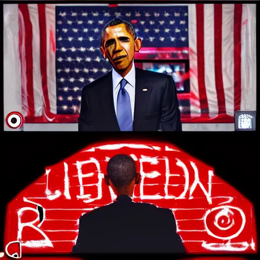 Prompt: Obama red flashlight glowing eyes, hell flames are burning behind Obama, trending on Instagram, 40nm lens, 4k,