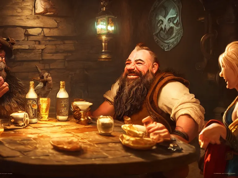 Image similar to Drunk Dwarf talks to Raven at the Tavern, RPG Portrait, Oil Painting, Trending on Artstation, octane render, Insanely Detailed, 8k, HD