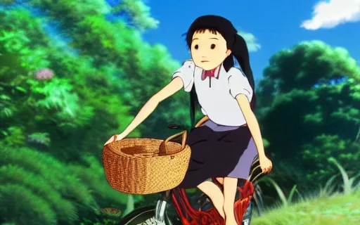 Image similar to a young filipino girl riding a bike with a basket, art by hayao miyazaki, studio ghibli film, hi res, 4k