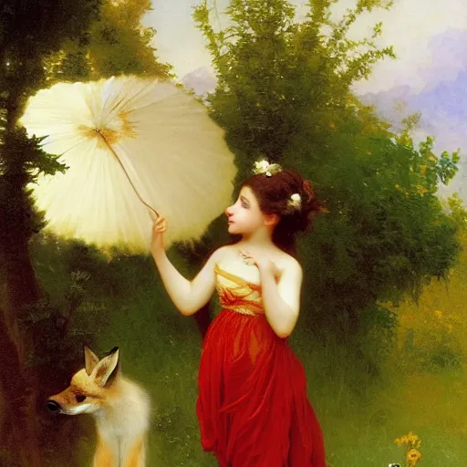 Prompt: An anthropomorphic fox girl with flowers in a dress, by Thomas Cole, William-Adolph Bouguereau, and John Singer Sargent, fox girl holding flowers