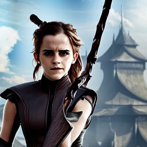 Prompt: promotional image of <Emma Watson> as <Acrobat Ninja> in the new movie directed by <Tetsuya Nomura>, <heavily armored and brandishing shillelagh>, detailed face, movie still frame, promotional image, imax 70 mm footage