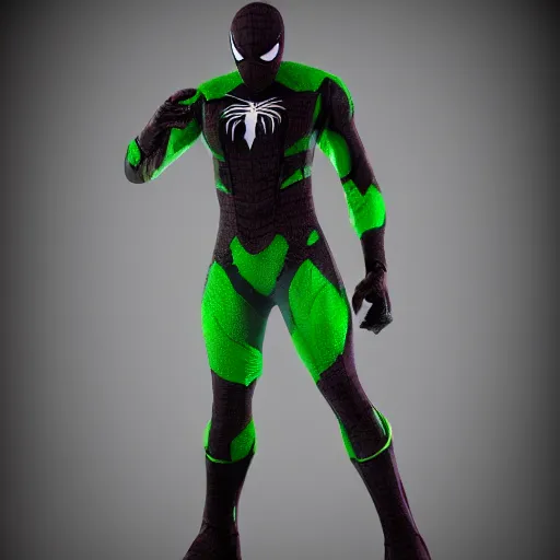 Image similar to black spider - man suit with green web lining, cinematic, volumetric lighting, realistic, hyperdetailed, photorealistic, photograph