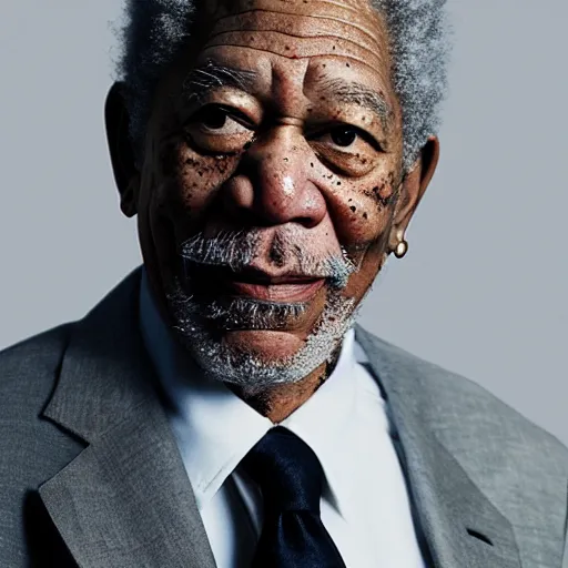 Prompt: a studio photograph of Morgan Freeman dressed like Travis Scott, 40mm lens, shallow depth of field, split lighting
