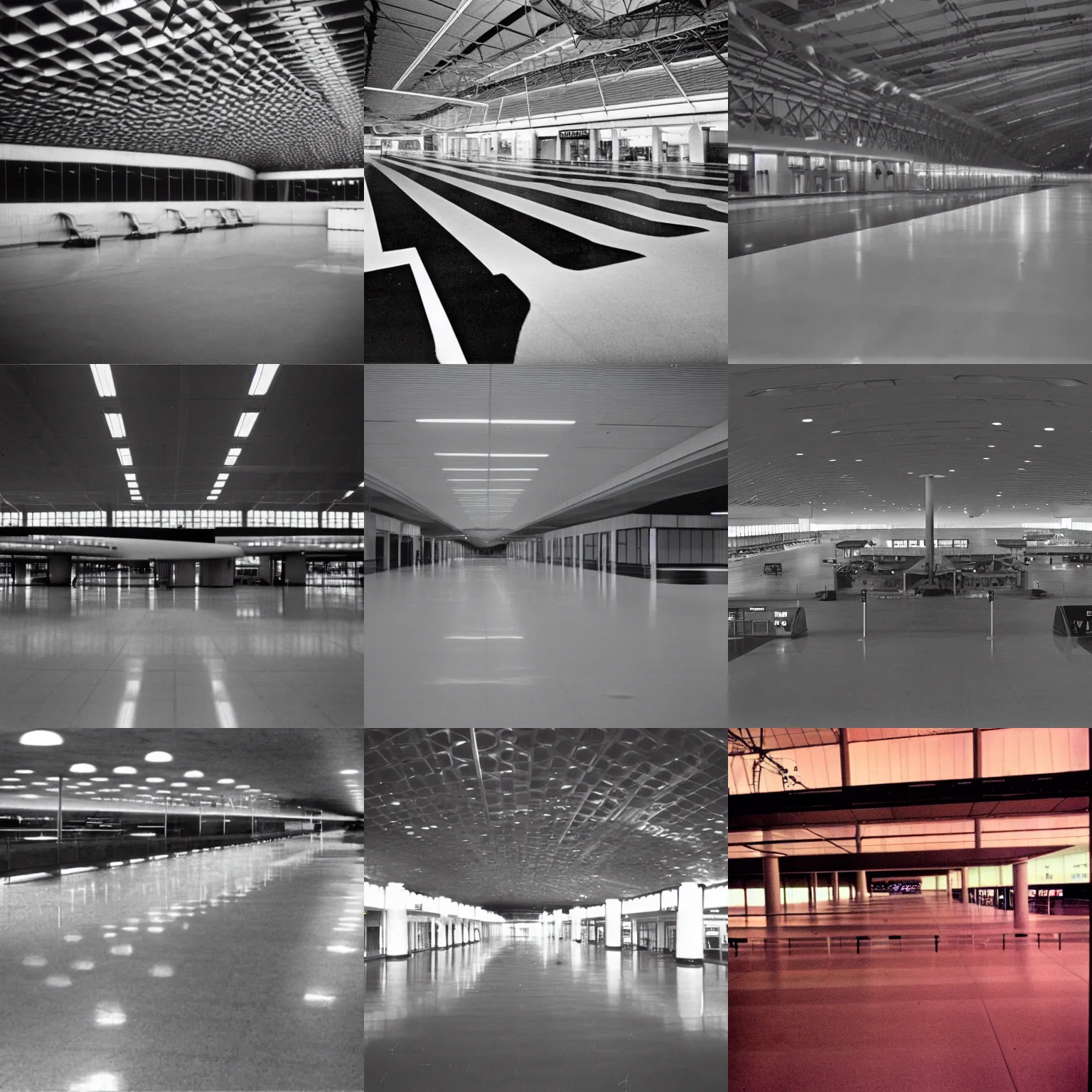 Prompt: the inside of an empty airport, late at night, eerie, 1 9 8 0 s