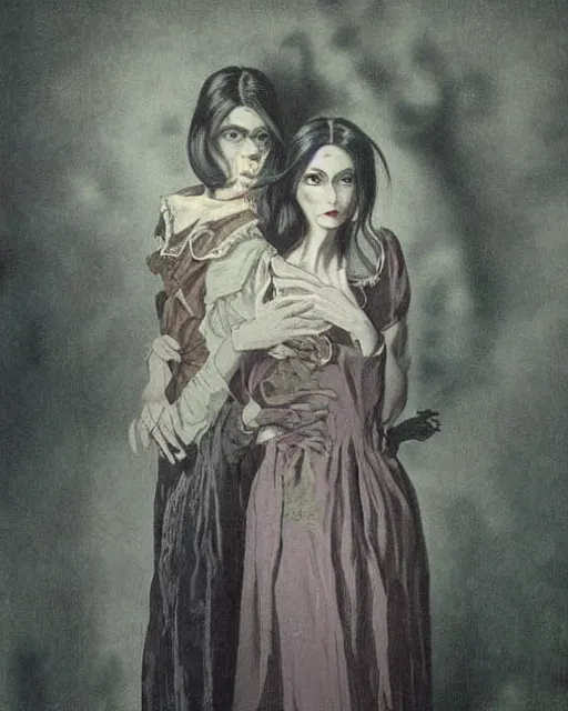 Prompt: a beautiful and eerie baroque painting of two gorgeous but creepy siblings wearing vivienne westwood dresses in layers of fear, with haunted up eyes and dark hair, 1 9 7 0 s, seventies, wallpaper, a little blood, morning light showing injuries, delicate embellishments, painterly, offset printing technique, by brom, robert henri, walter popp