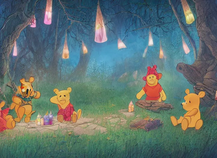 Image similar to concept art of a birthday party in the woods at night with winnie the pooh characters, paper lanterns and fairy lights, detailed, realistic, cel shaded, in the style of makoto shinkai and moebius and peter mohrbacher and james gurney