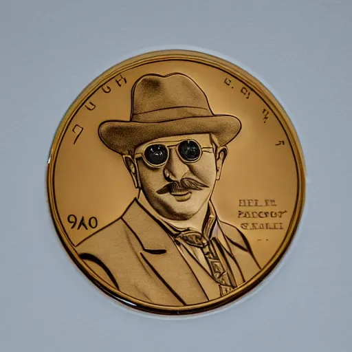 Prompt: A photograph of a high quality swiss chocolate coin that is engraved with a portrait of a young leon redbone smoking a cigar, highly detailed, close-up product photo, depth of field, sharp focus, appetizing, foil nearby