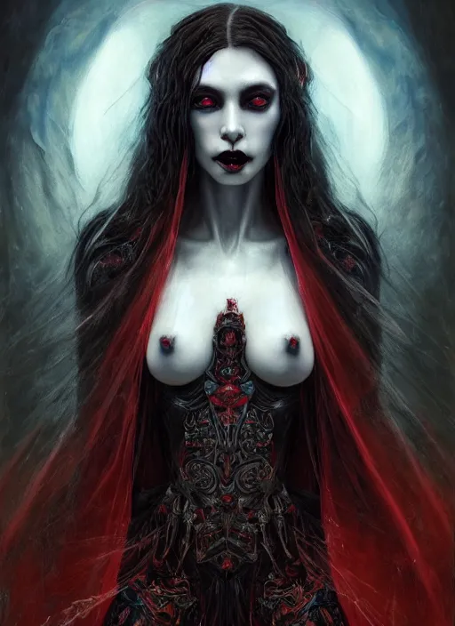 Prompt: masterpiece painting of elite vampire widow girl portrait by elena kukanova, jeff easley, james jean and zdizslaw beksinski, 8 k, epic, majestic, intricate artwork, volumetric lighting, porcelain skin, dramatic vivid and vibrant colors, gothic, haunting, in the style of midjourney, trending on artstation, behance