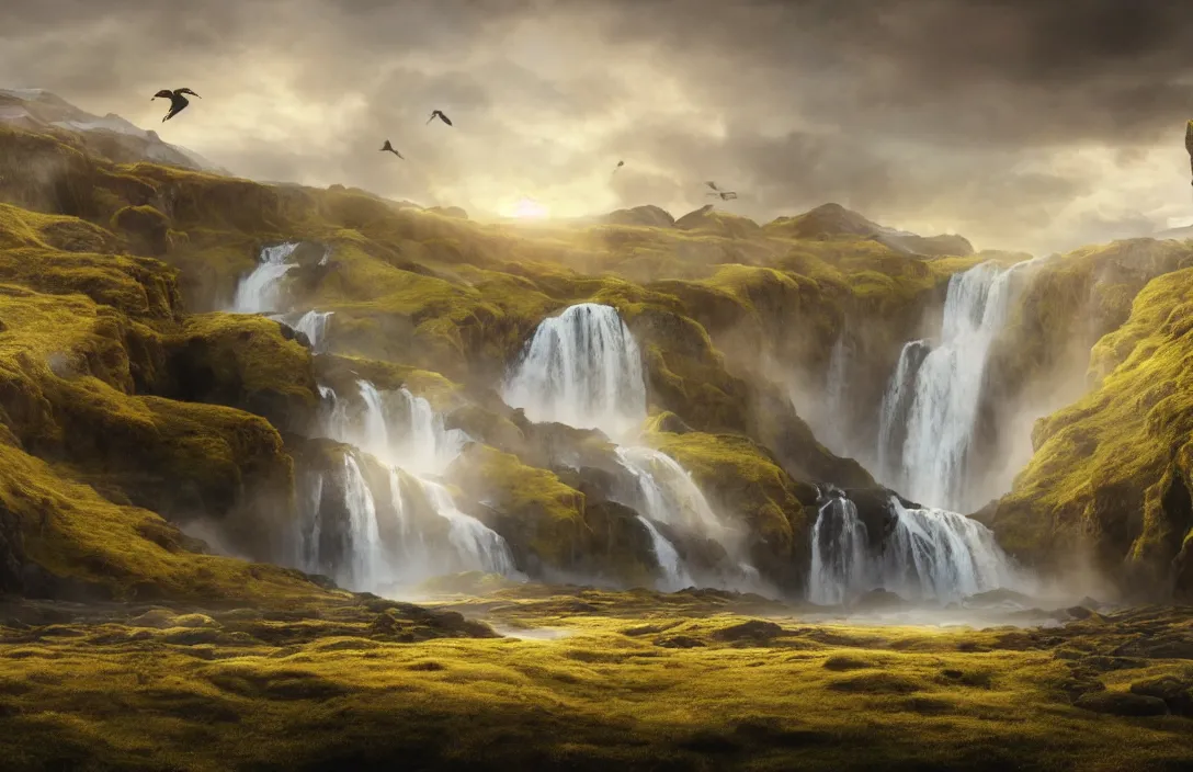 Image similar to a huge arc far away in a hyperreal mattepainting icelandic landscape, detailed dreamscape, hyperreal phantastic, intricate details in environment, golden ratio, high aestehtic, waterfall cascades, cinematic light dramatic light, lightrays, flying birds in distance, trending on artstation