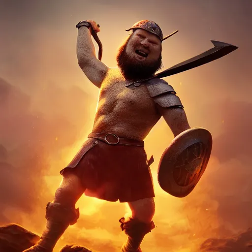 Image similar to viking battle toast, a slice of toasted bread with a face, arms and legs, holding a sword, cute, pixar, volumetric lighting, dynamic composition, fantasy, hyper detailed, ultra realistic, sharp focus, octane render, concept art by ruan jia and heng z and artem