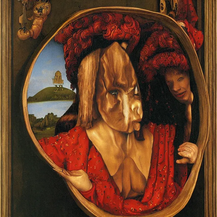 Image similar to strange mutant fungic woman holding a round mask mirror. painting by jan van eyck
