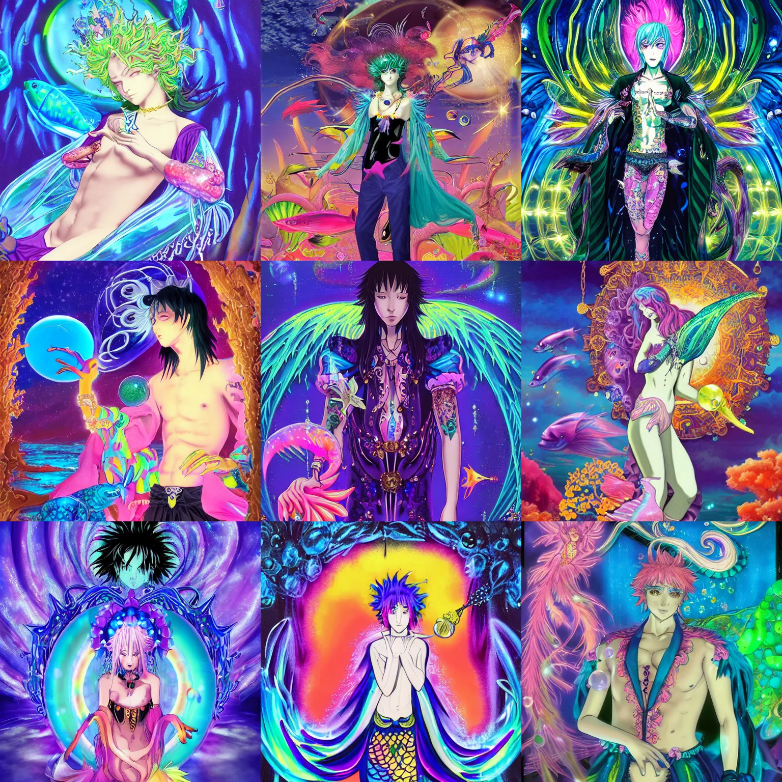 Prompt: professionally painted gothic blacklight neon picture of a colorful anime celestial merman with a fish body, wearing an elegant peacock shirt top with transparent bubble sleeves, golden gloves, and golden jewelry and gems everywhere, art by yuji ikehata and satoshi kon, background art by miyazaki, proper human proportions, full body shot