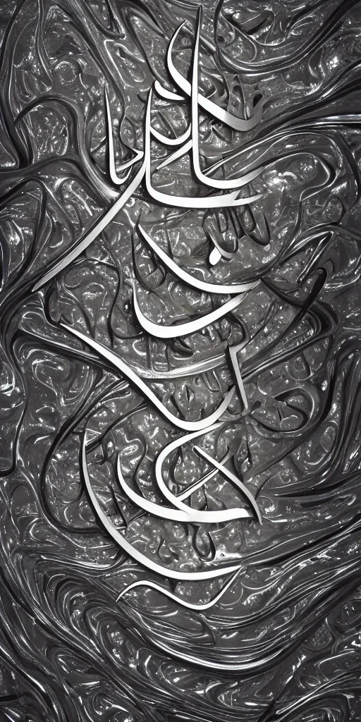 Image similar to a photorealistic render of a 3 d arabic calligraphy, made of liquid metal and marble, cinema 4 d, by zhelong xu, gakkin and ernst haeckel, hyper realistic, plain background, 8 k, volumetric lightning, trending on artstation