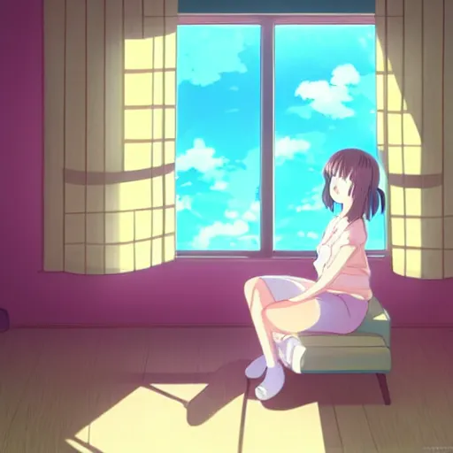 Image similar to girl sits on the sofa and listens to music, the sun shines through the window, by kyoto animation