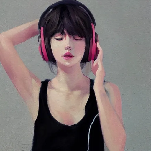 Image similar to portrait of beautiful woman listening to headphones, tank top, studying for school, art by wlop.