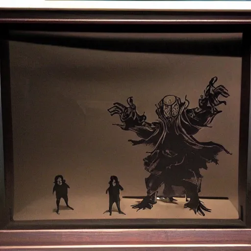 Image similar to ricepaper shadowbox with menacing mind flayer puppet, rampaging silhouette manhattan, backlit