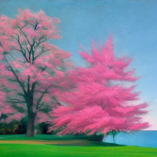 Prompt: beautiful pink tree beside a large lake landscape in the style of Edward Hopper