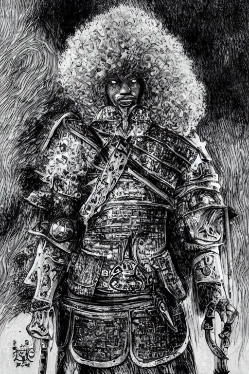 Image similar to black man with afro hair and raspy beard stubble as a knight, highly detailed, anatomically correct, black and white, manga, art by kentaro miura