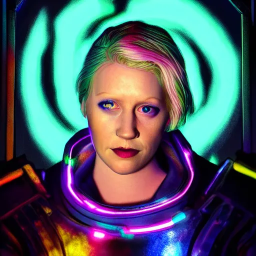 Image similar to photorealistic cyberpunk brienne of tarth, iridescent neon