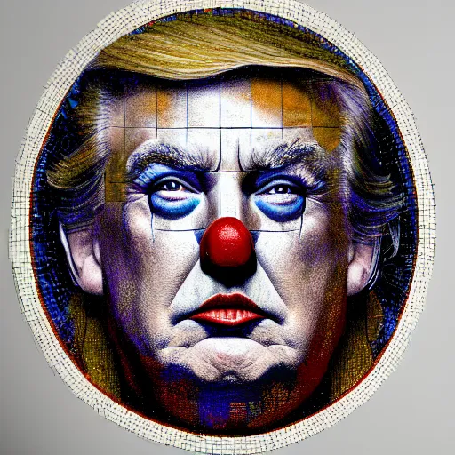 Image similar to mosaic portrait of clown trump into the sky by greg rutkowski, 4k, intricate details, dichotomy